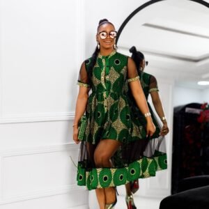VALENTINA AFRICAN PRINT BUTTON MESH DRESS [NEW GREEN]